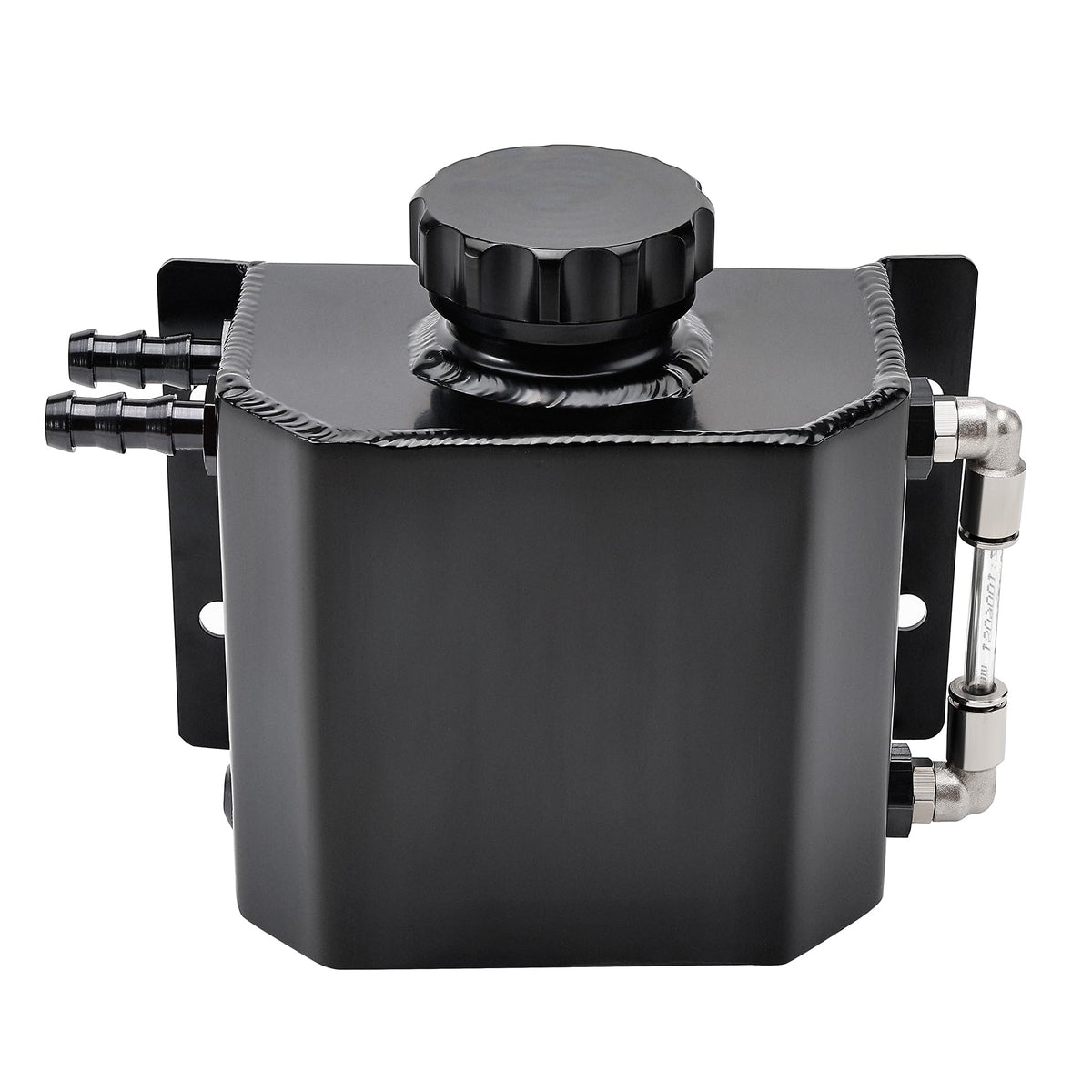 EVIL ENERGY radiator overflow tank full view in black, helps manage coolant expansion safely.