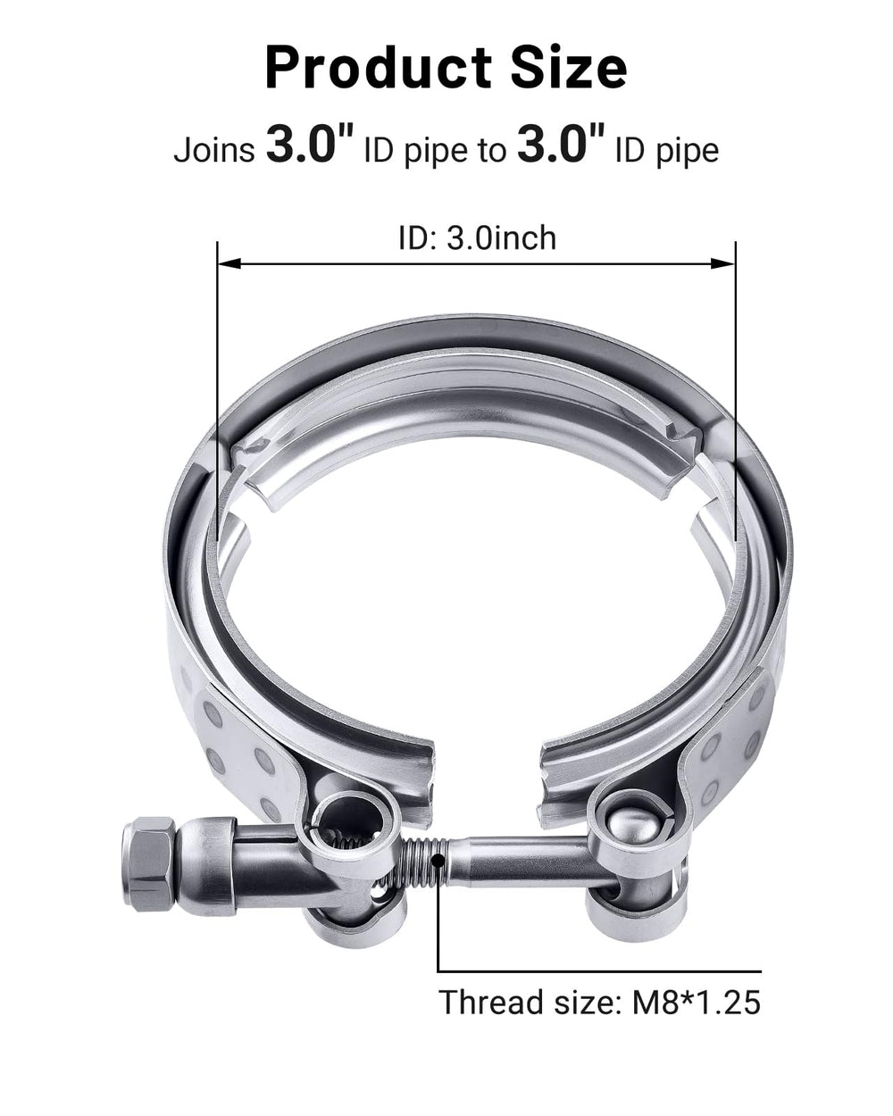 Close view of stainless steel V-Band clamp and T-bolt durability.