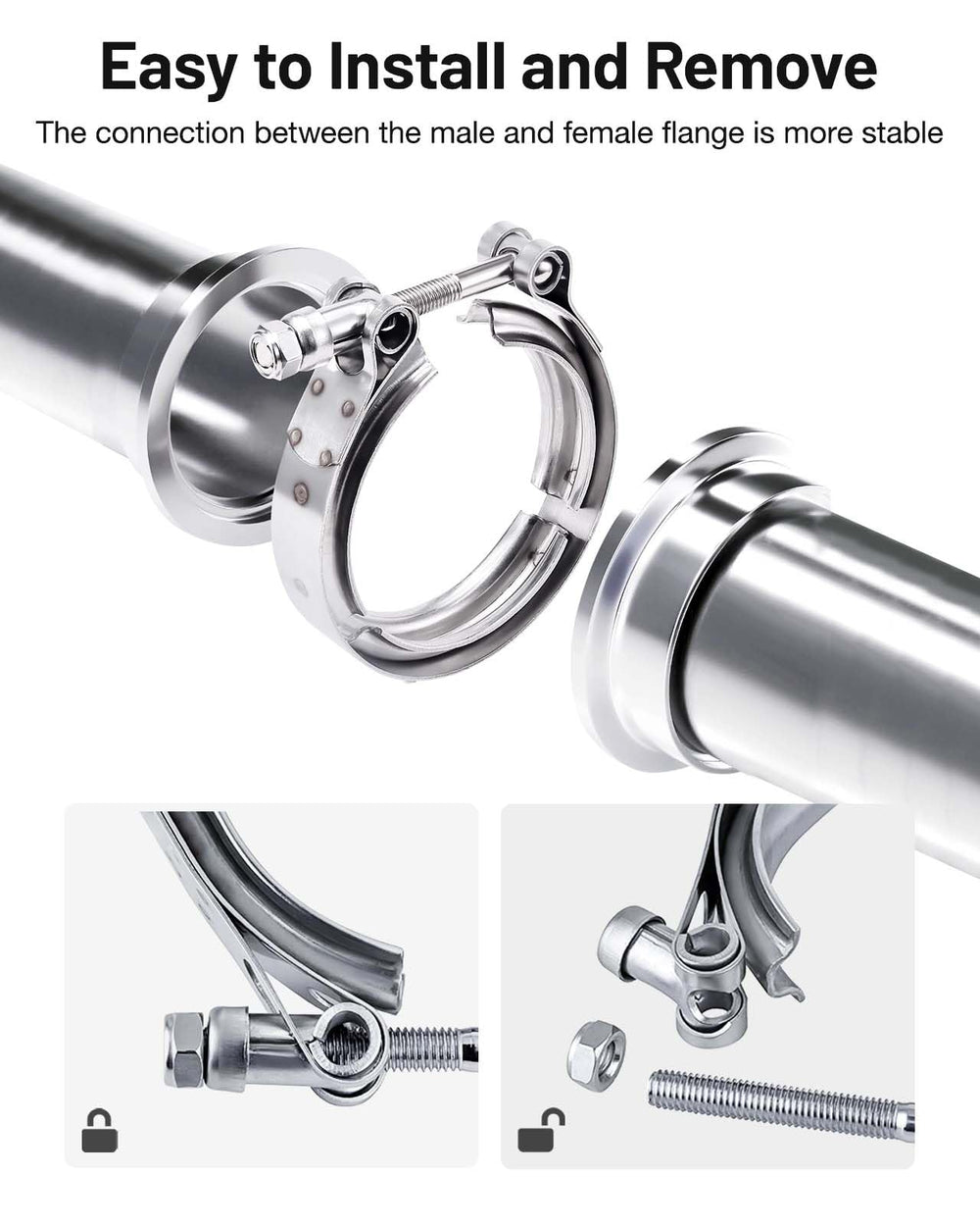 EVIL ENERGY stainless-steel V-Band clamp closeup shows durable construction.