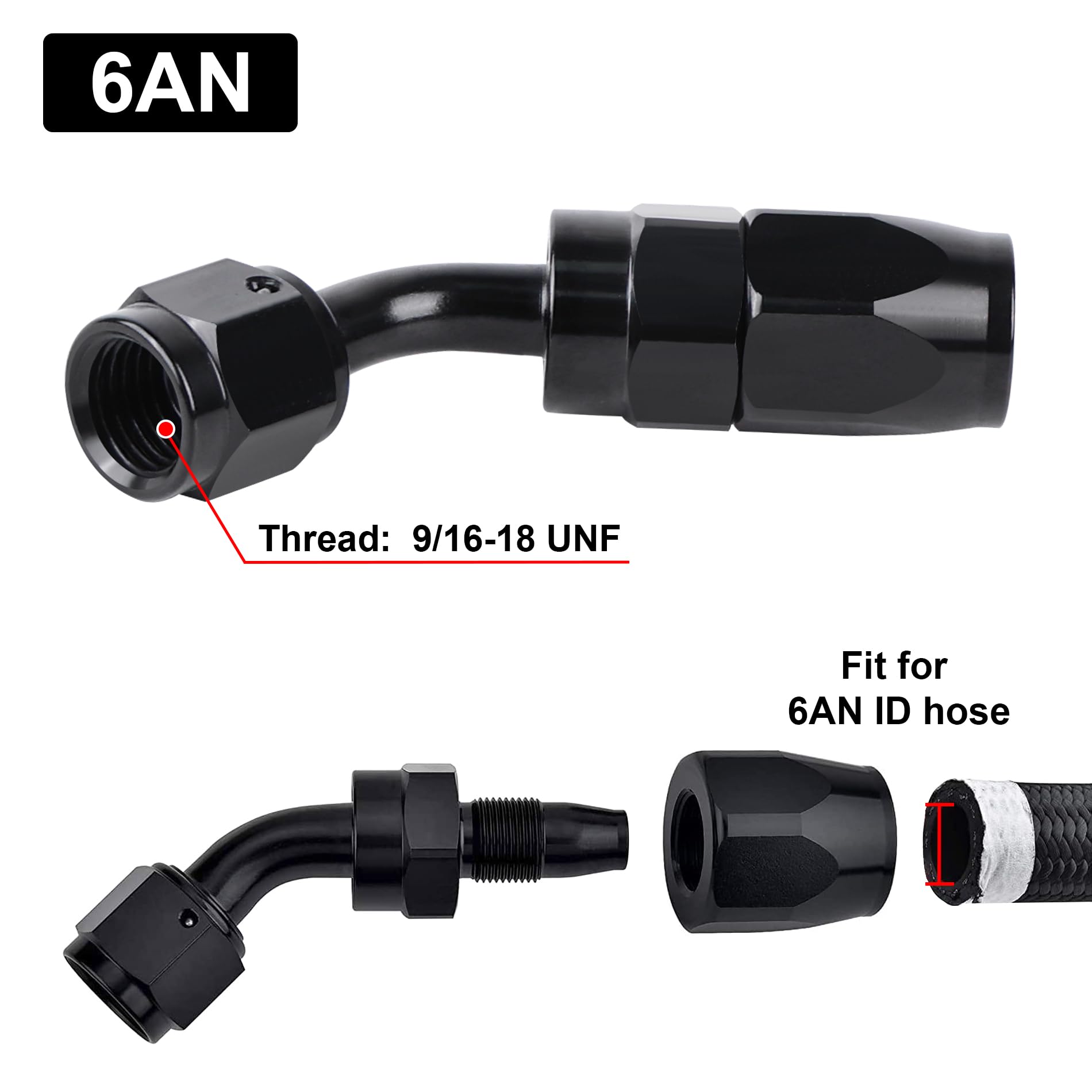 Close-up view of EVIL ENERGY 6AN swivel hose end in black