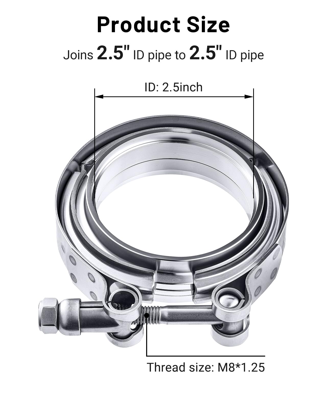 EVIL ENERGY V-Band clamp with 2.5-in female flange for secure mating.