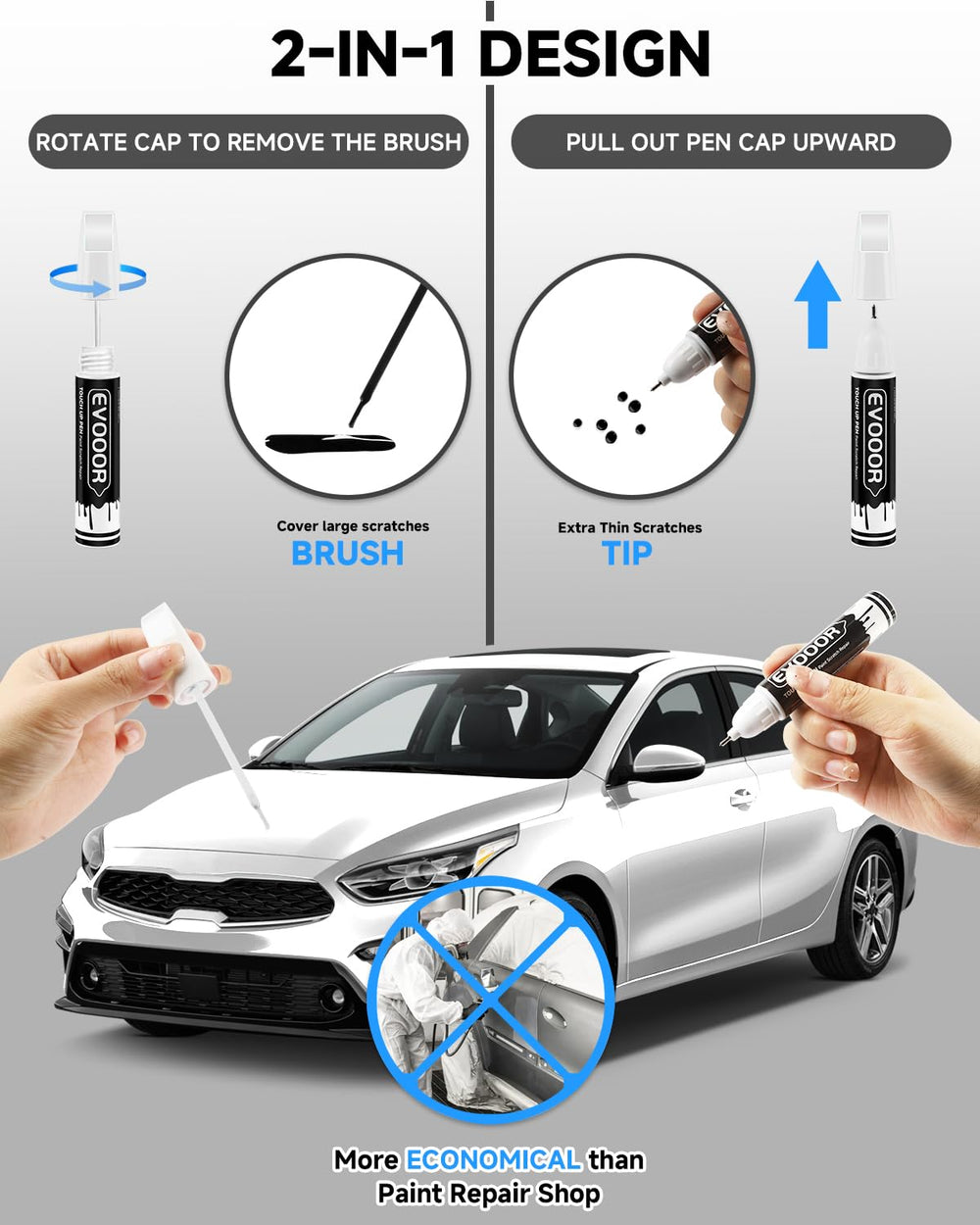 EVOOOR 2-in-1 touch-up pen design for precise and broad coverage.