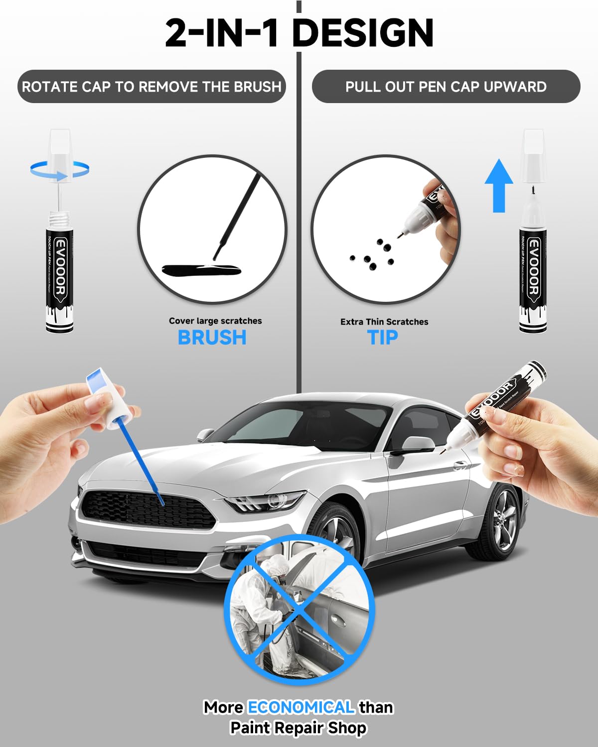EVOOOR Ford touch-up pen applying paint to a small scratch on a fender