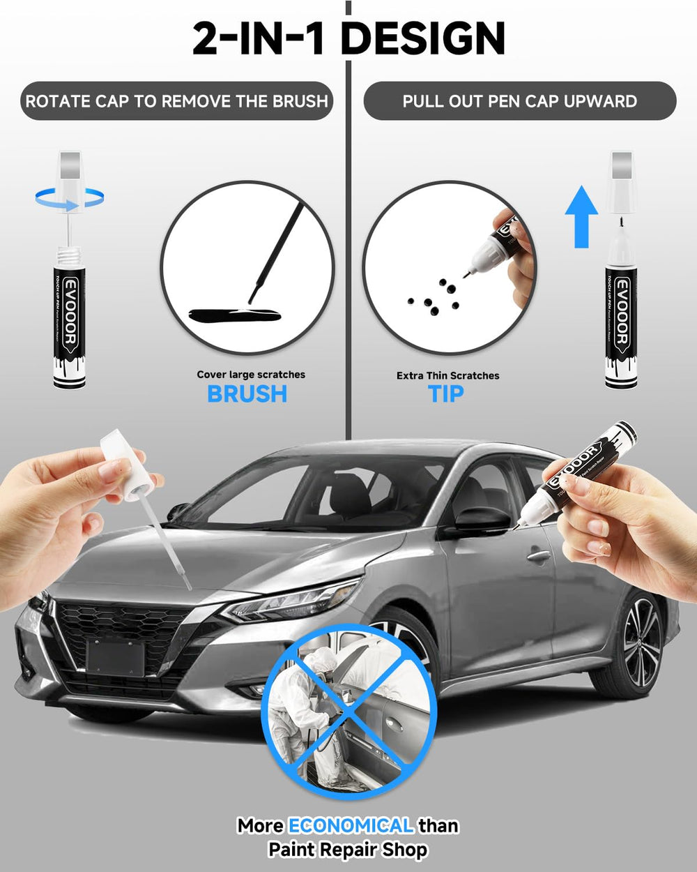 EVOOOR 2-in-1 application brush tip blends scratches on Nissan panels