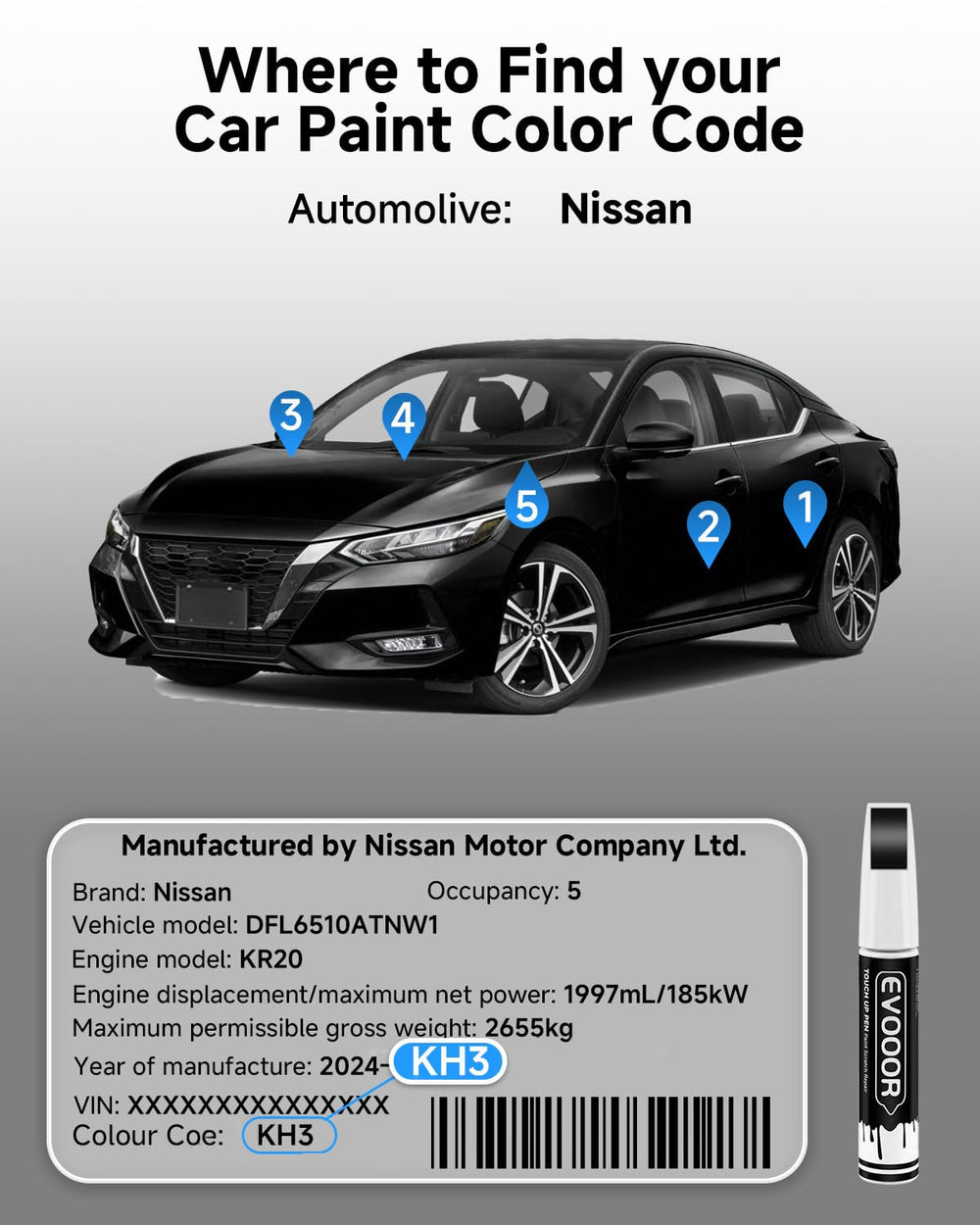 EVOOOR cap shows color code for exact Nissan match.