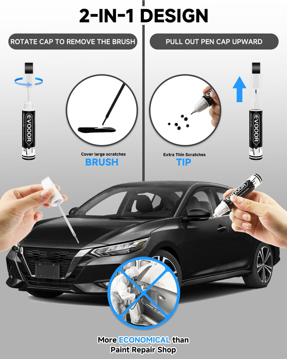 EVOOOR Nissan touch-up pen brush-tip applies even coverage on scratches