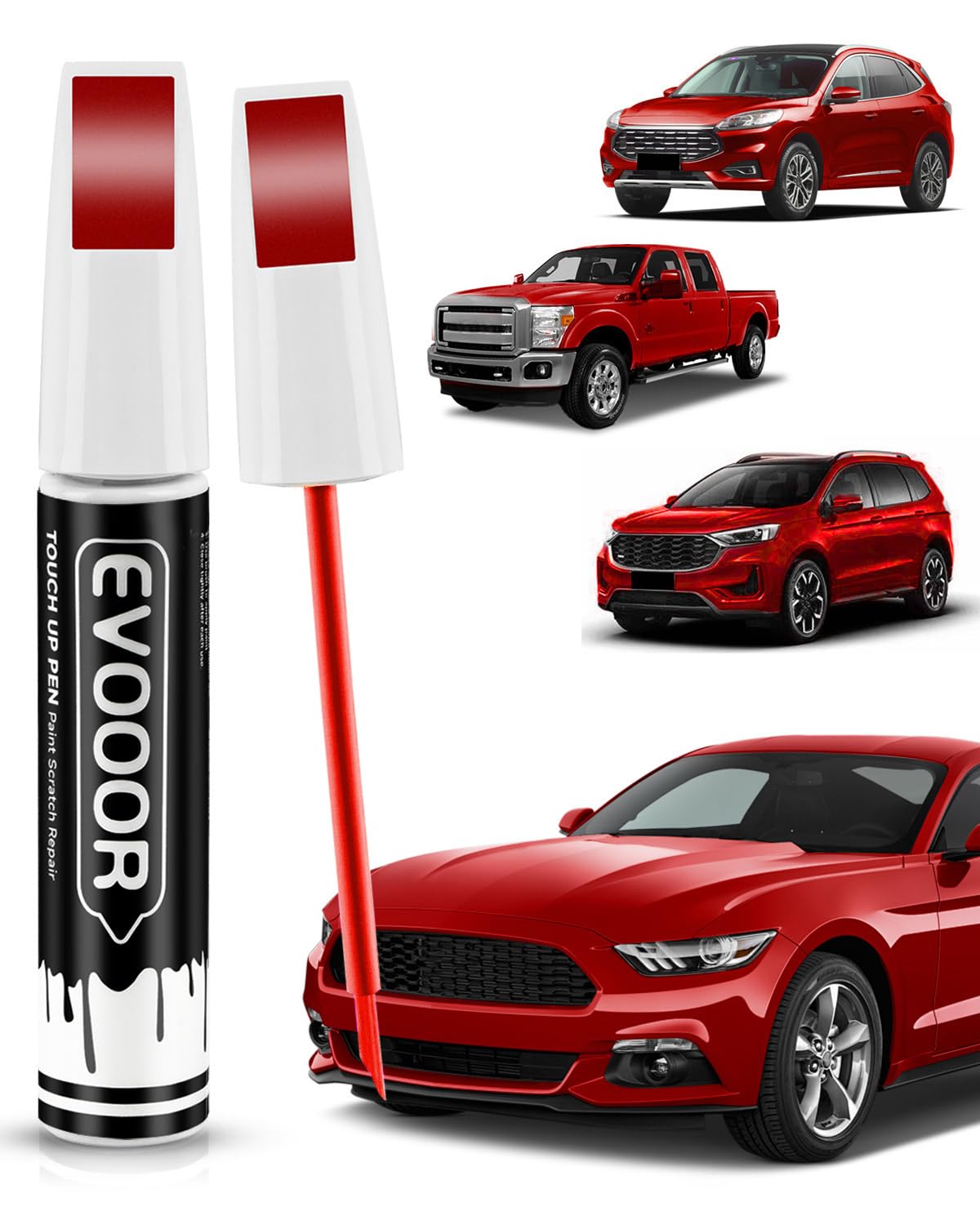 EVOOOR PQ Race Red touch-up pen applied on a Ford chip with precise color match