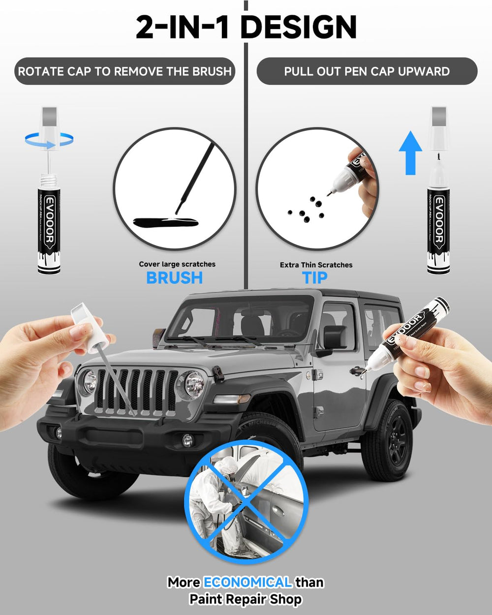 EVOOOR 2-in-1 touch up pen tip demonstrates easy application for small chips