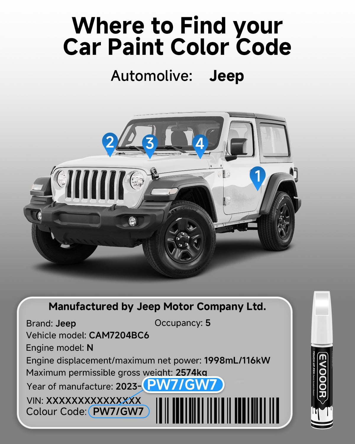 EVOOOR PW7/GW7 color-accurate paint blends seamlessly on Jeep panels.