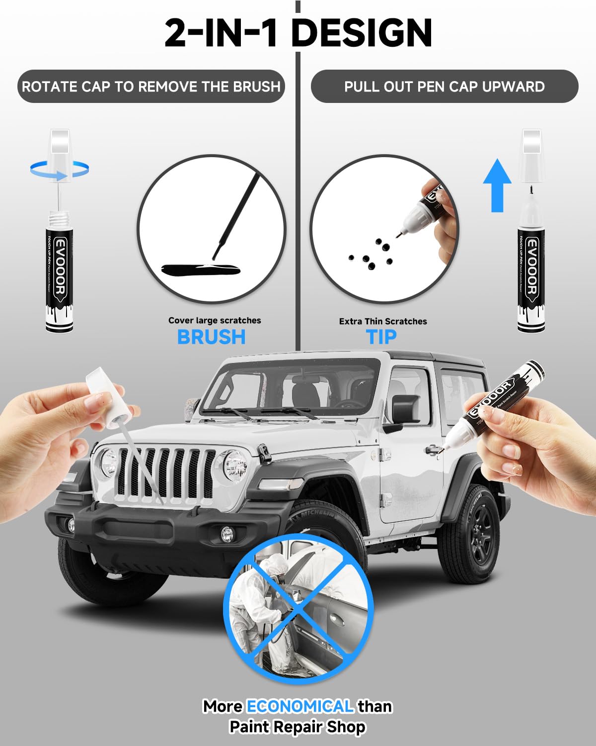 EVOOOR PW7/GW7 slim brush-tip for precise Jeep chip repairs.