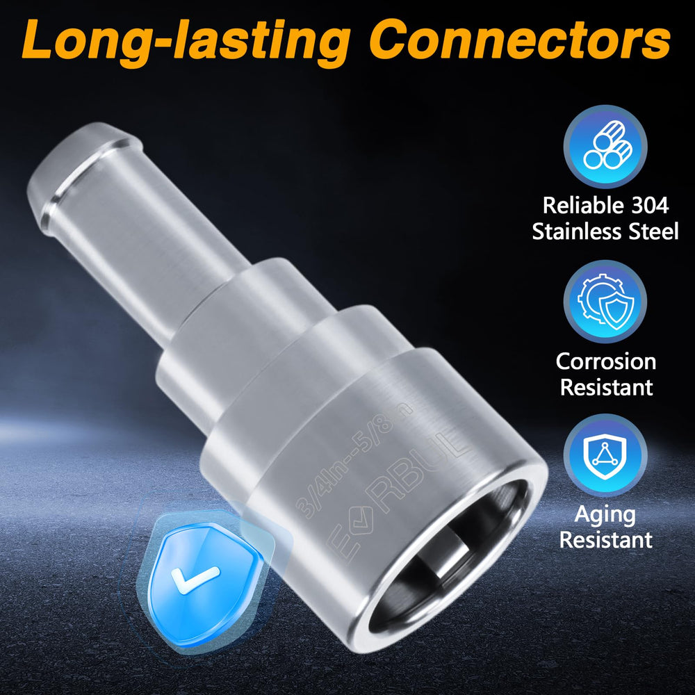EVRBUL connector side view demonstrates precise 3/4 inch tube to 5/8 inch hose fit