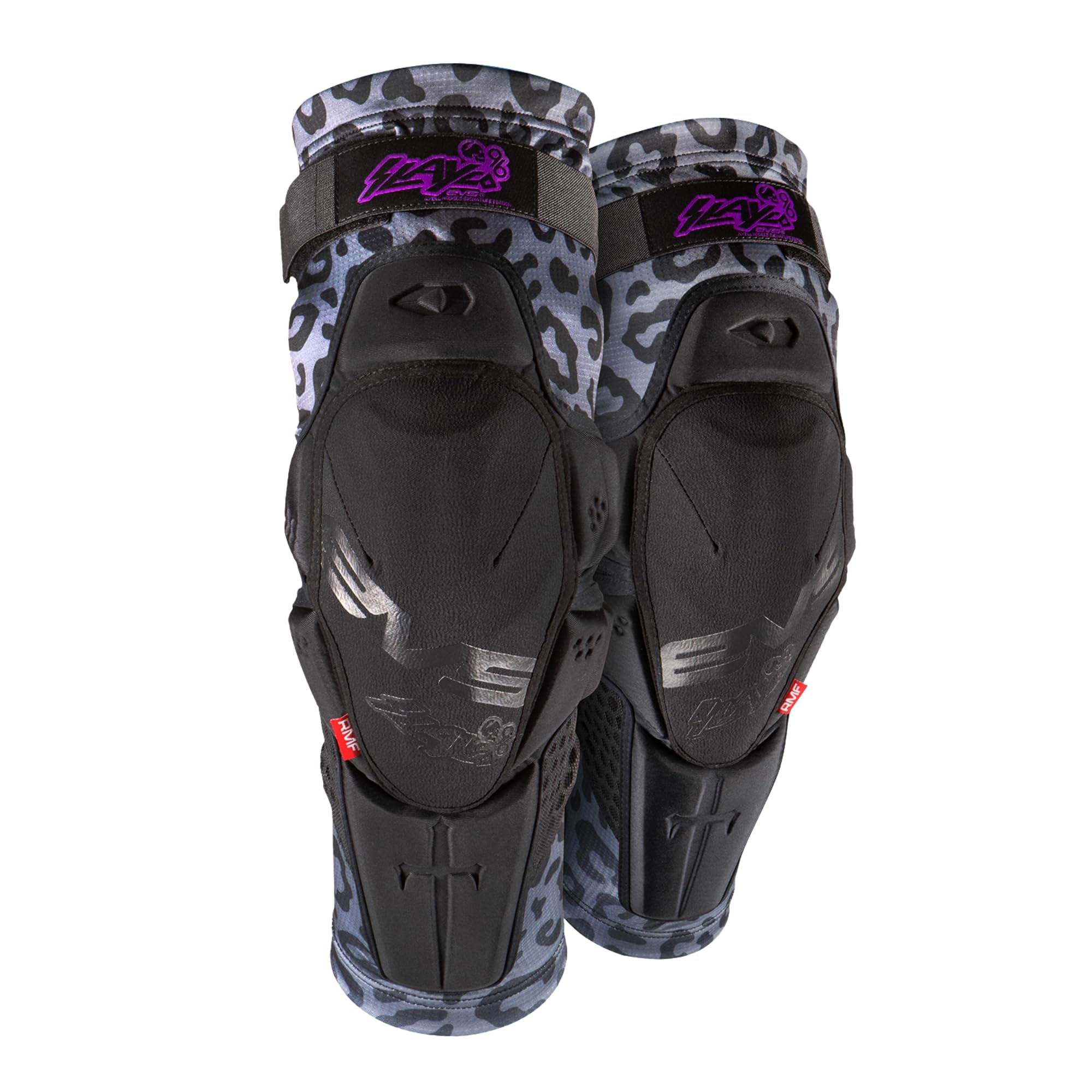 EVS Slayco96 knee guard front view with Ghost Leopard and compression fit.