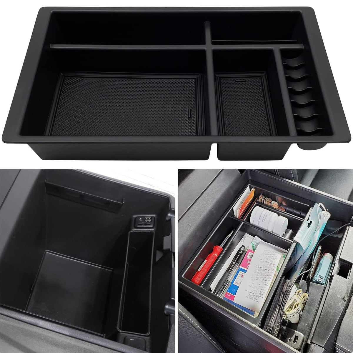EVTIME center console organizer installed in Chevy Yukon interior keeps essentials within reach.