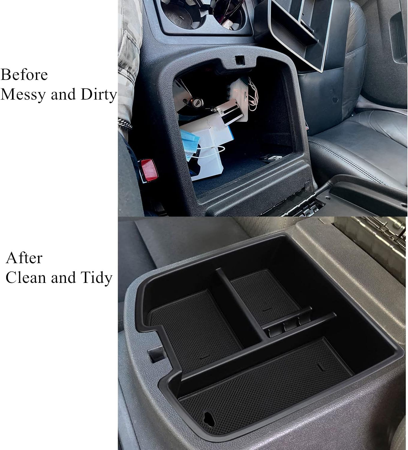 EVTIME console organizer in a GMC Sierra showing easy reach for essentials.