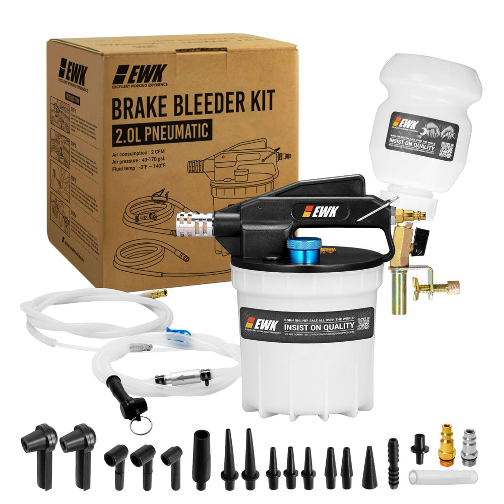 EWK brake bleeder kit assembly with universal adapters for wide vehicle compatibility.