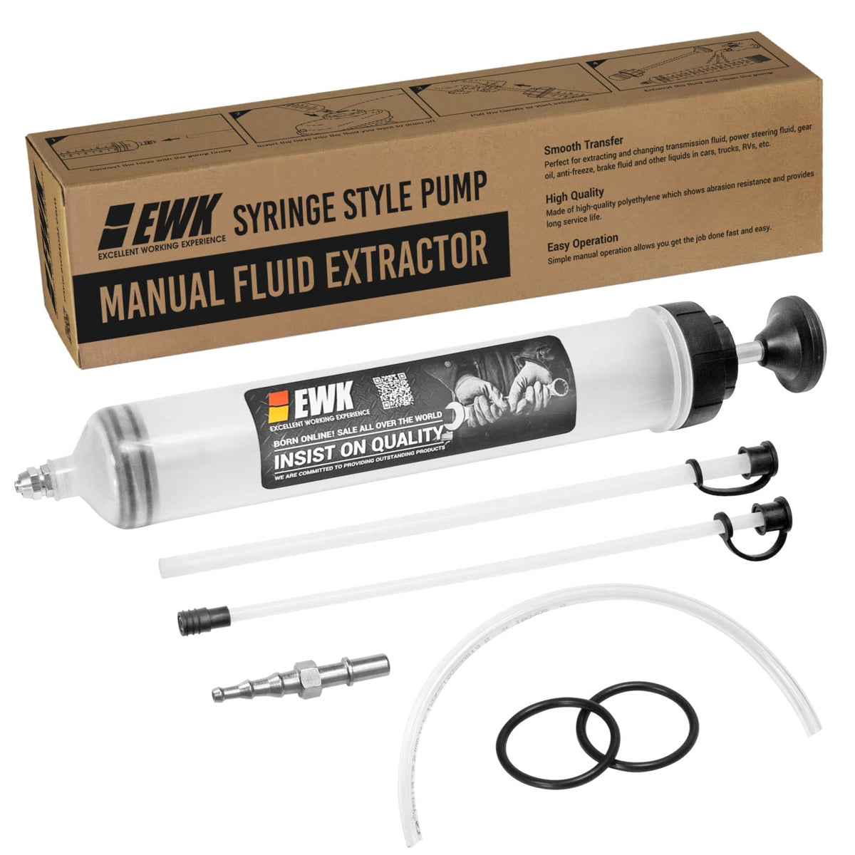 EWK 500cc fluid extractor syringe with a secure hose connection for stable suction