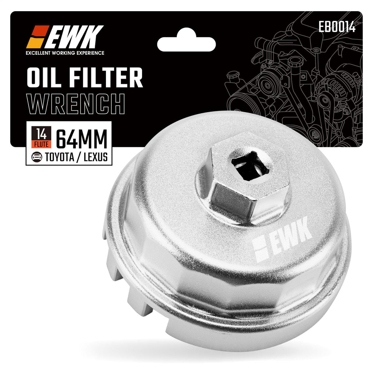 EWK 64mm oil filter wrench with four-slot grip removing Toyota caps securely.