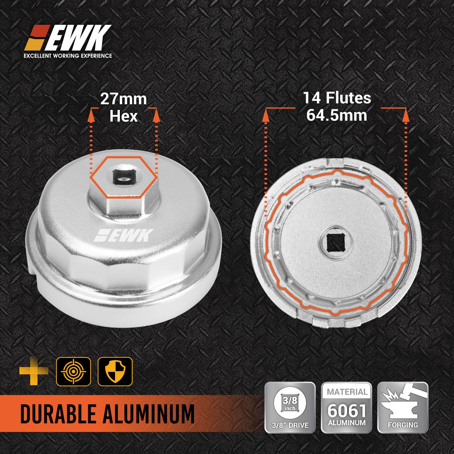 EWK 64mm wrench, 14-flute design, provides strong engagement on cartridge filters.