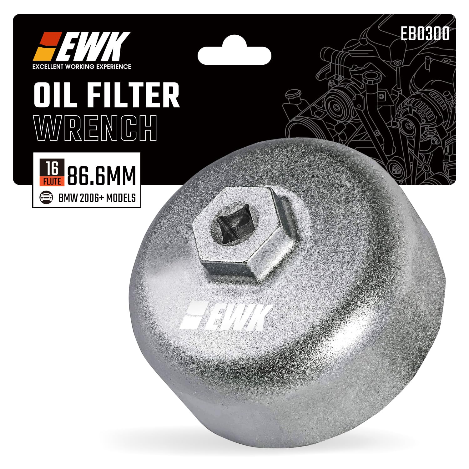 EWK 86mm 16-flute oil filter wrench enables safe BMW cap removal