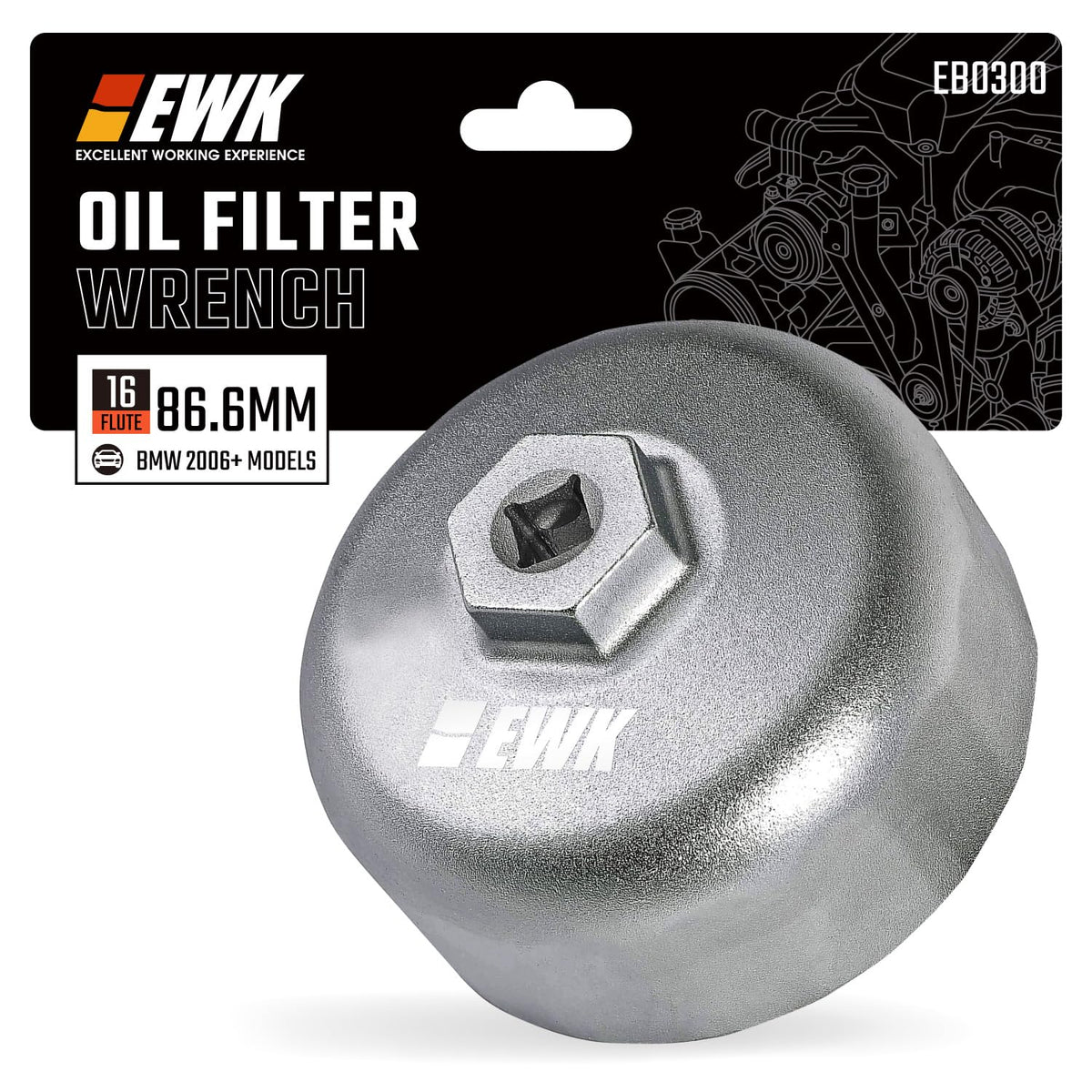 EWK 86mm 16-flute oil filter wrench enables safe BMW cap removal