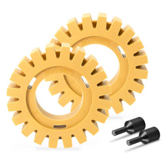 EWK hollow serrated decal eraser wheel attached to a grinder removing decals safely.