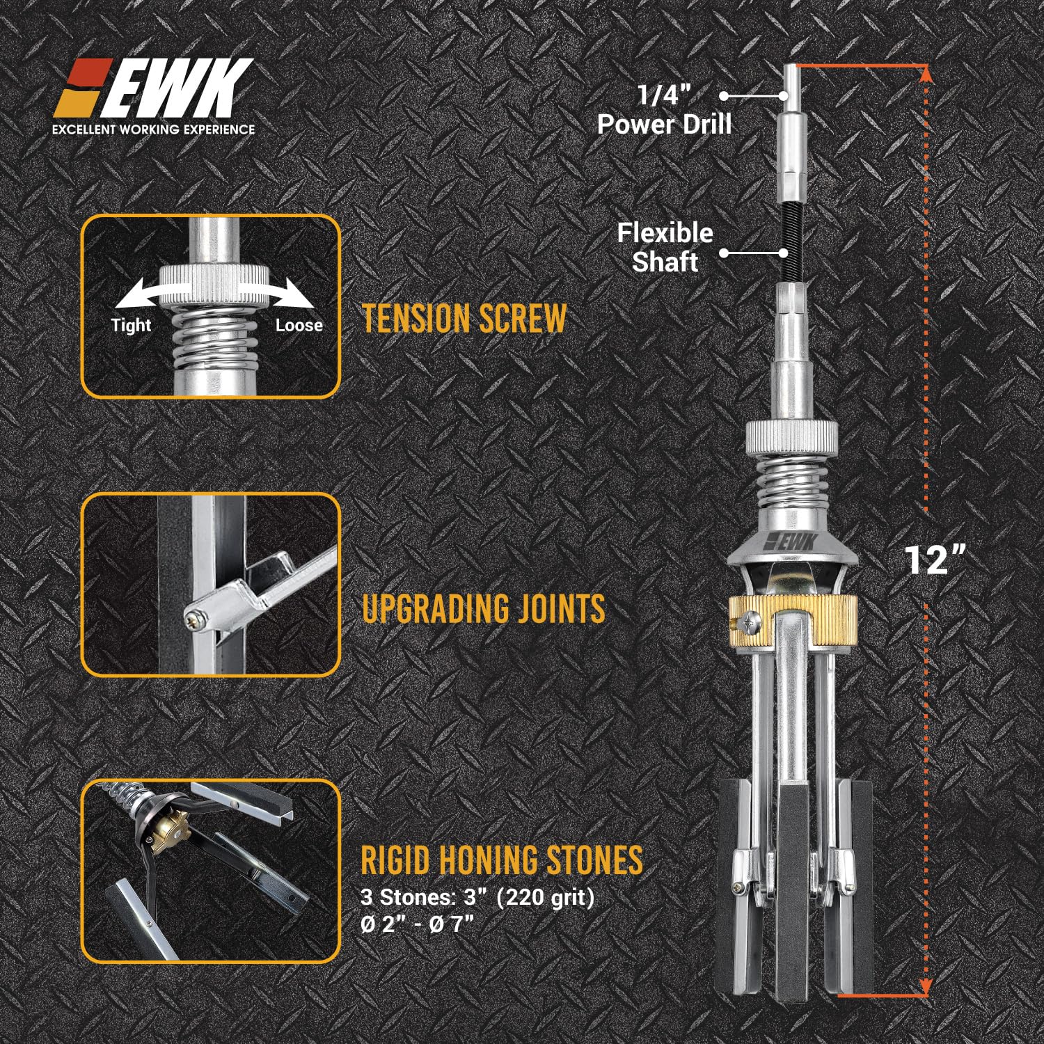 EWK cylinder hone tool adjustment-screw demonstrates customizable pressure for various bores.