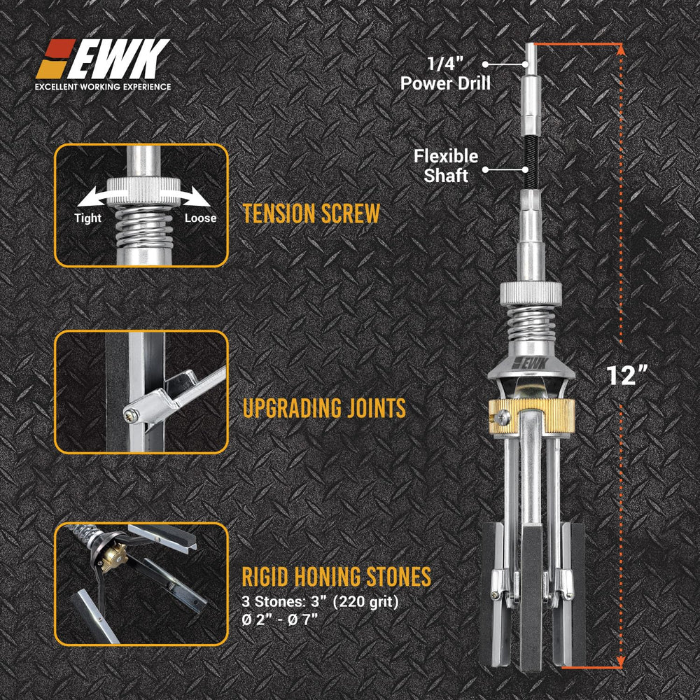 EWK cylinder hone tool adjustment-screw demonstrates customizable pressure for various bores.