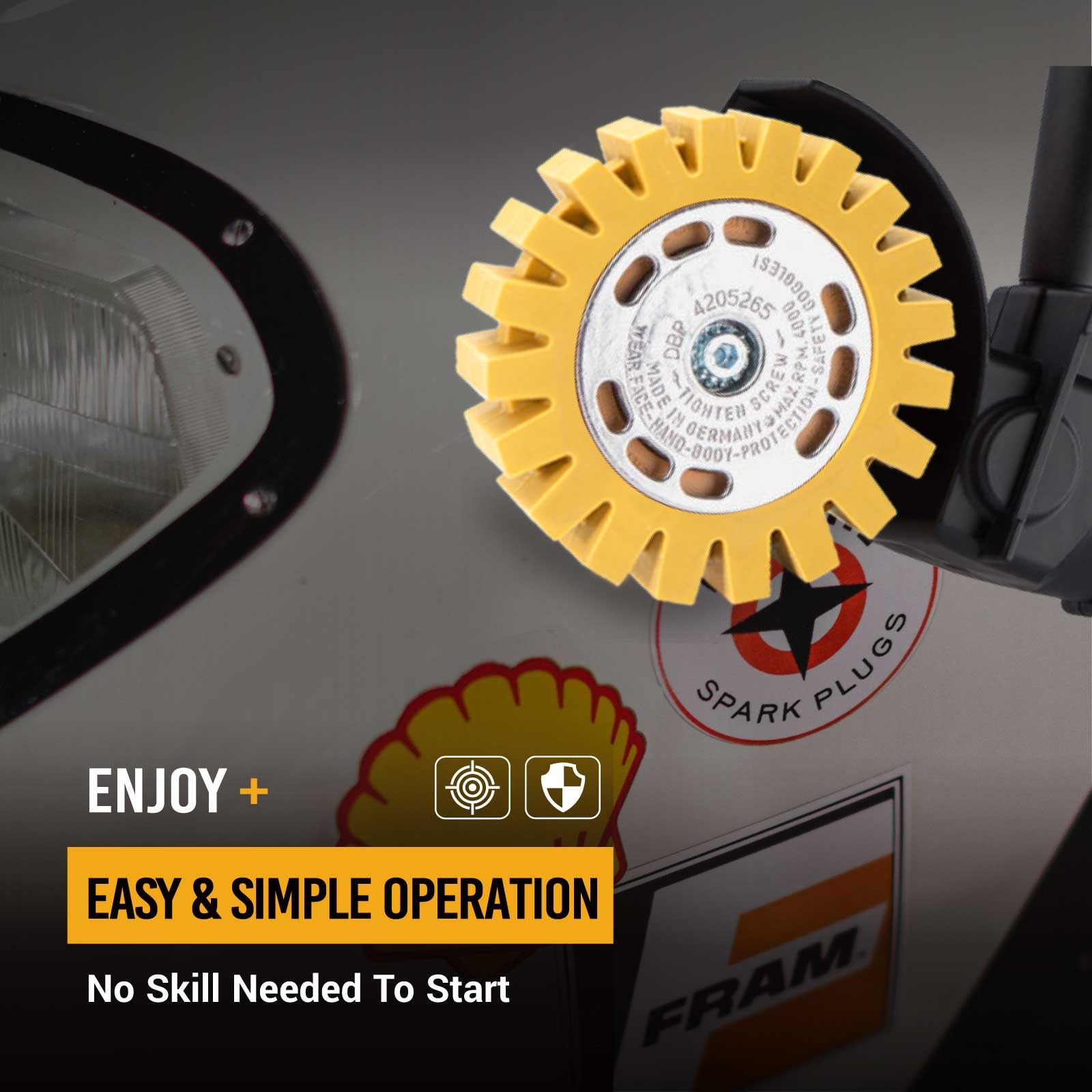 EWK decal eraser wheel helps remove vinyl graphics from car exteriors with minimal effort.