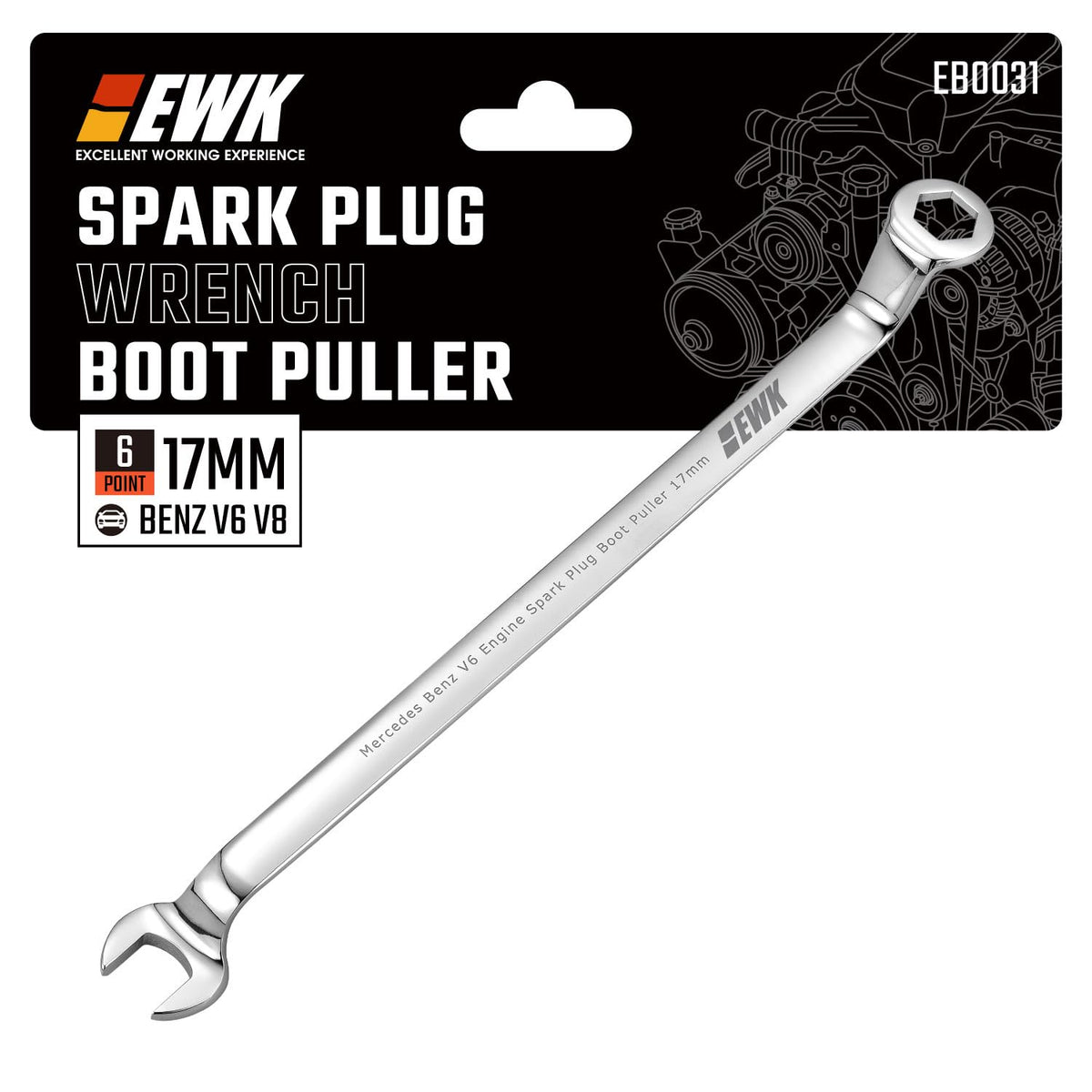 EWK boot puller angled for Mercedes V6 spark plug removal; safer boots