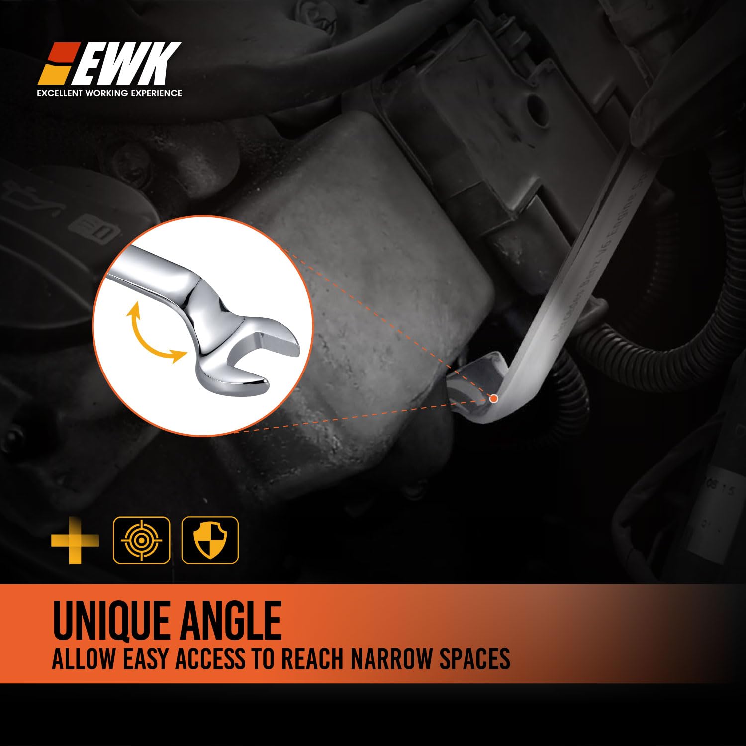 EWK spark plug tool in hand showing tight-space access