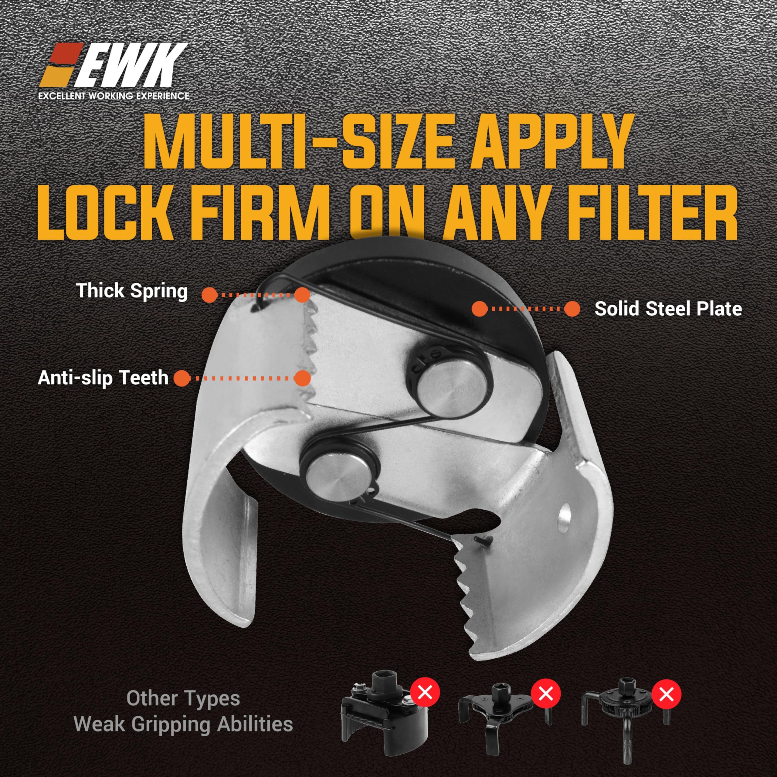EWK wrench clamped onto a filter in a tight engine bay for easier removal