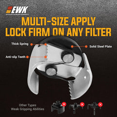 EWK wrench clamped onto a filter in a tight engine bay for easier removal