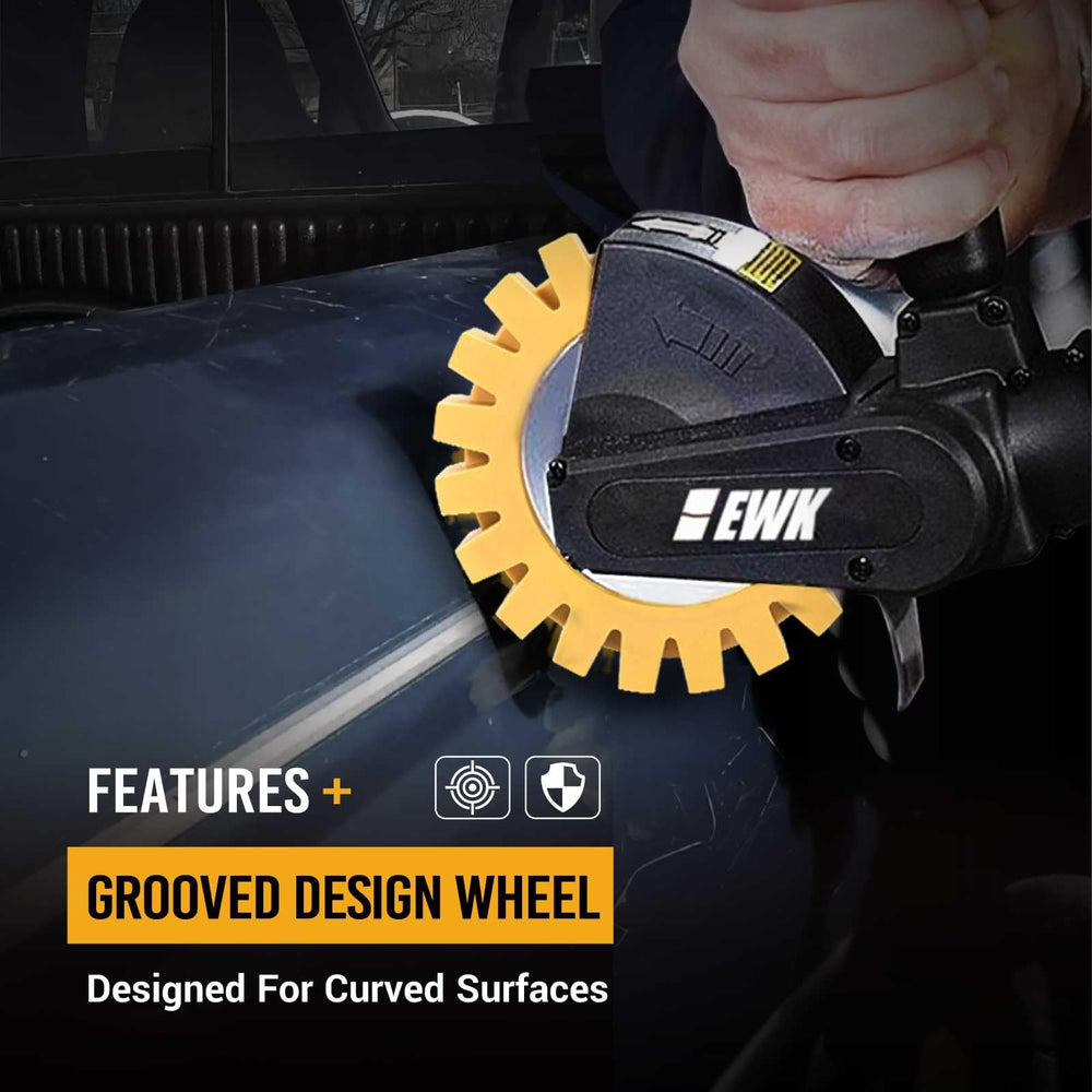 EWK wheel works on painted surfaces, chrome, glass, and metal for decals removal.
