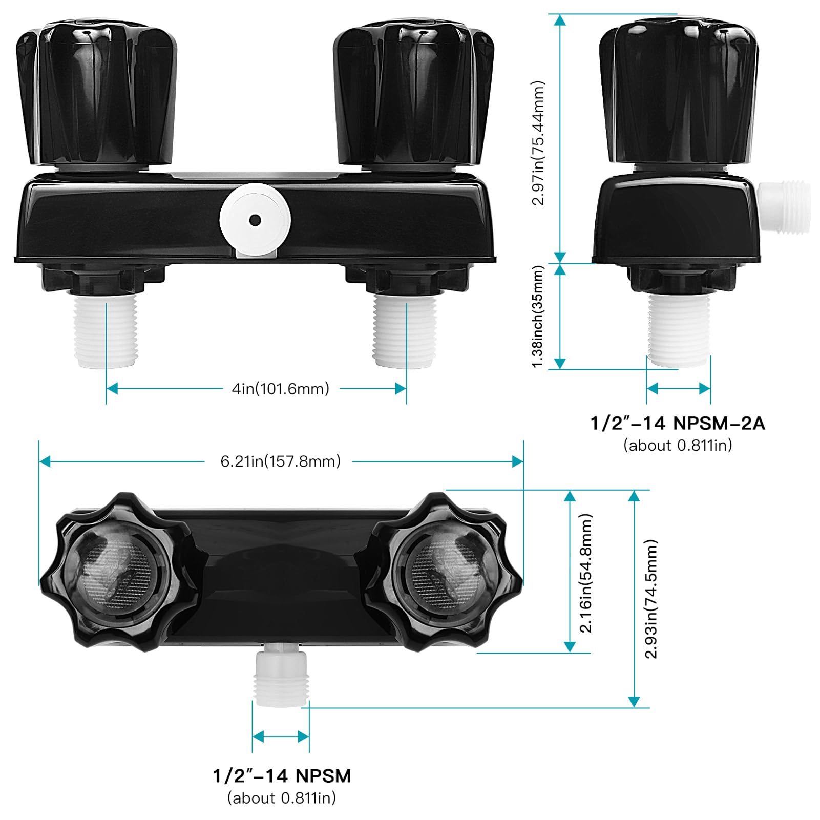 EXCELFU 4-inch center-to-center installation shows standard RV plumbing fit