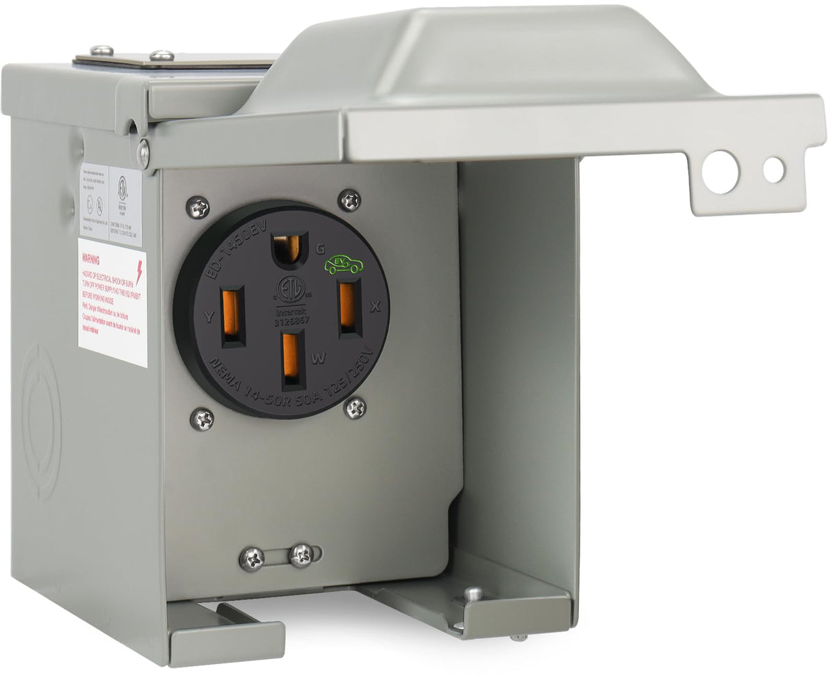 EXCELFU 50-amp EV box front view shows NEMA 14-50R receptacle for reliable outdoor charging.