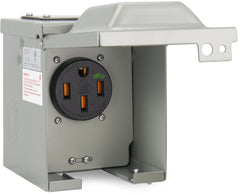 EXCELFU 50-amp EV box front view shows NEMA 14-50R receptacle for reliable outdoor charging.