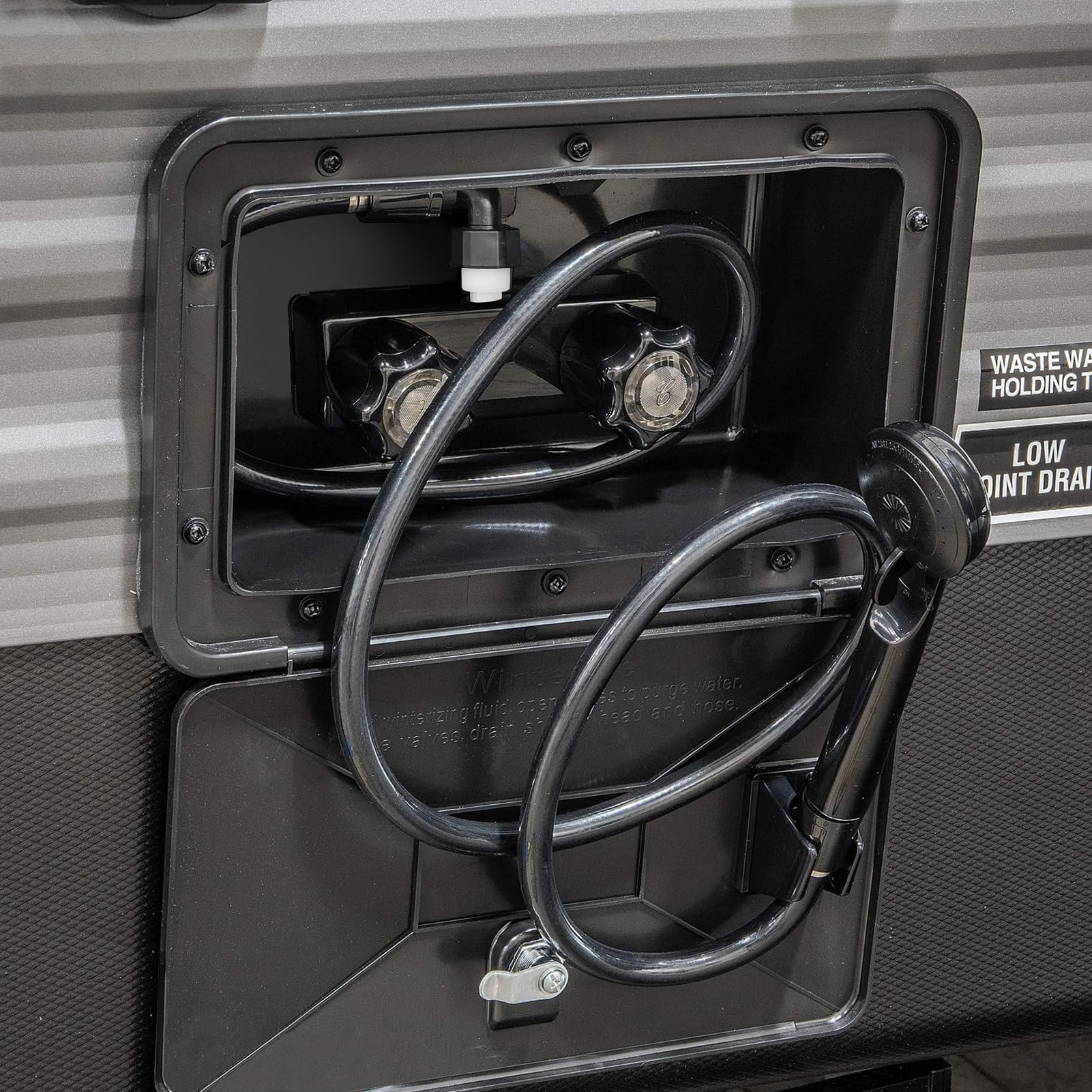 EXCELFU exterior shower installation showing simple RV portal mount.