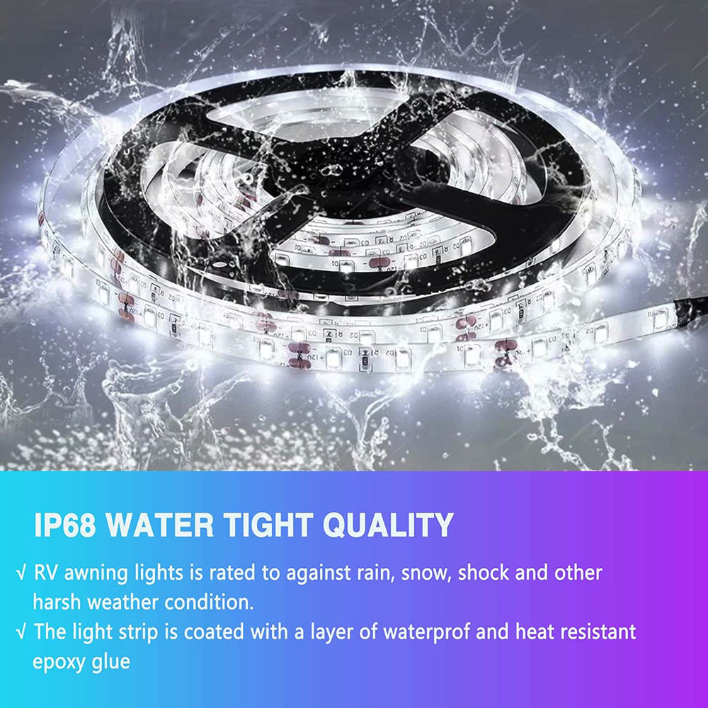 EXCELFU IP68 waterproof RV awning lights withstand rain for year-round camping.