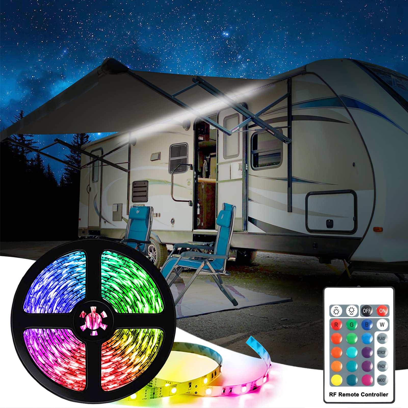 EXCELFU RV awning light strip RGB enhances outdoor evenings with vibrant options.