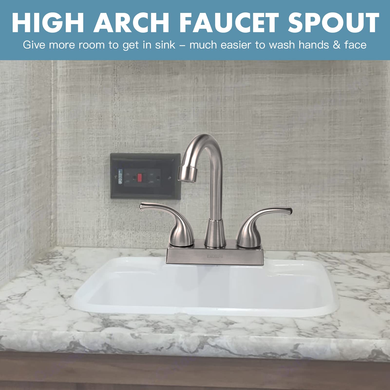 Brushed satin nickel finish on EXCELFU faucet matches camper interiors and resists smudges.
