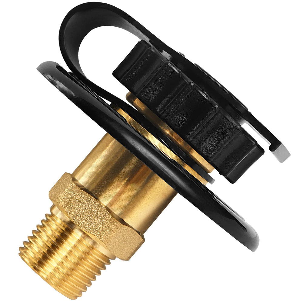 EXCELFU installation view of brass RV city water inlet on a camper