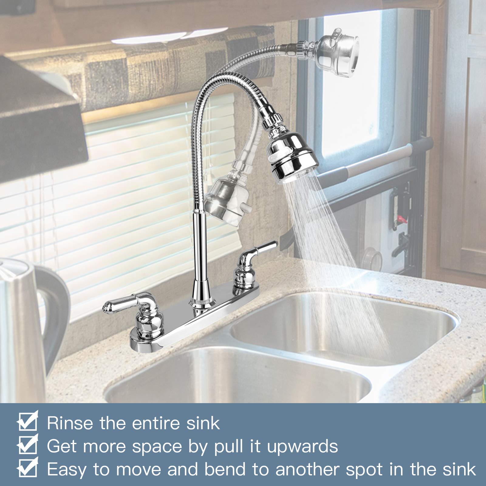 EXCELFU 360-degree arc faucet reaching every corner of the RV sink