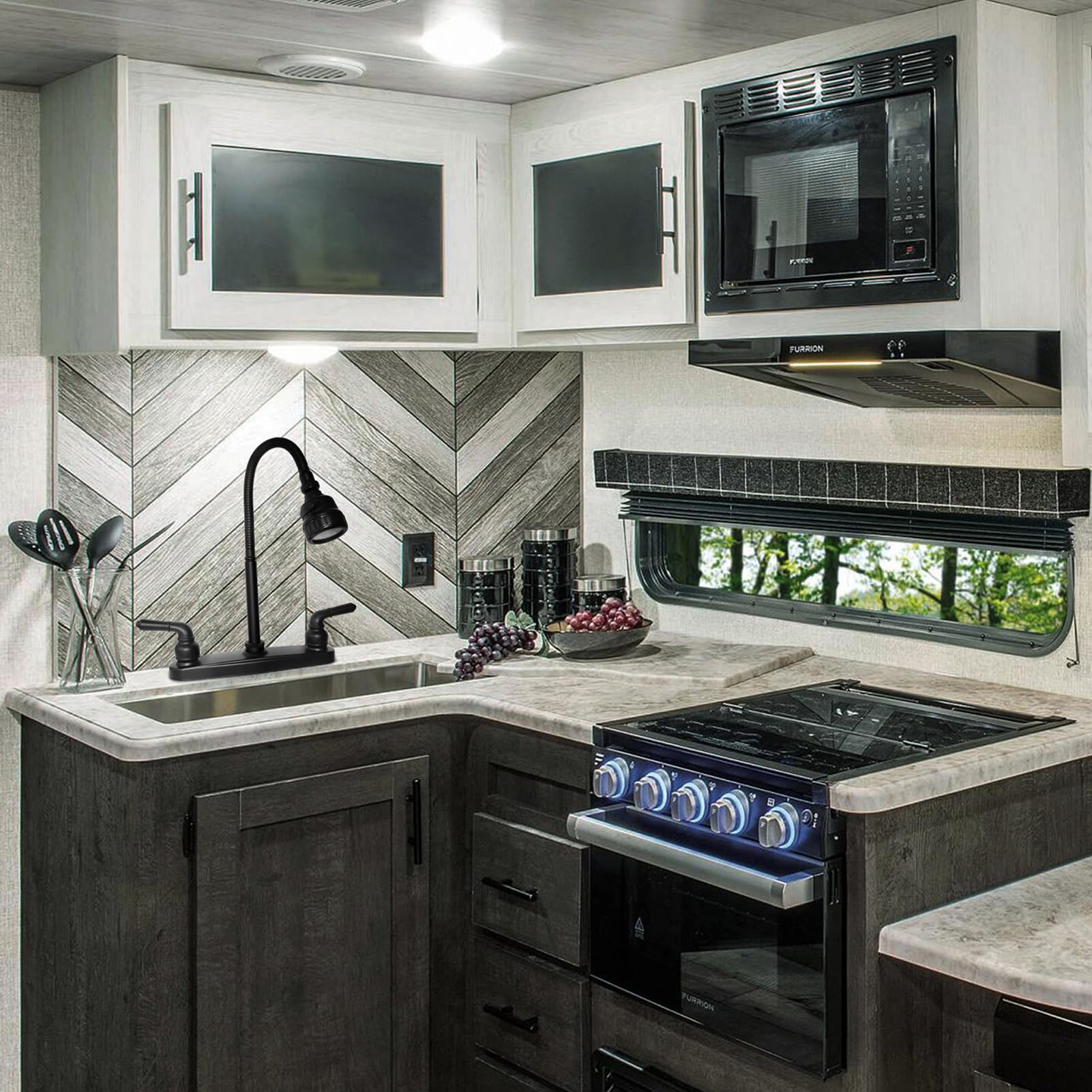EXCELFU black finish RV faucet blends with most interiors and hides fingerprints.
