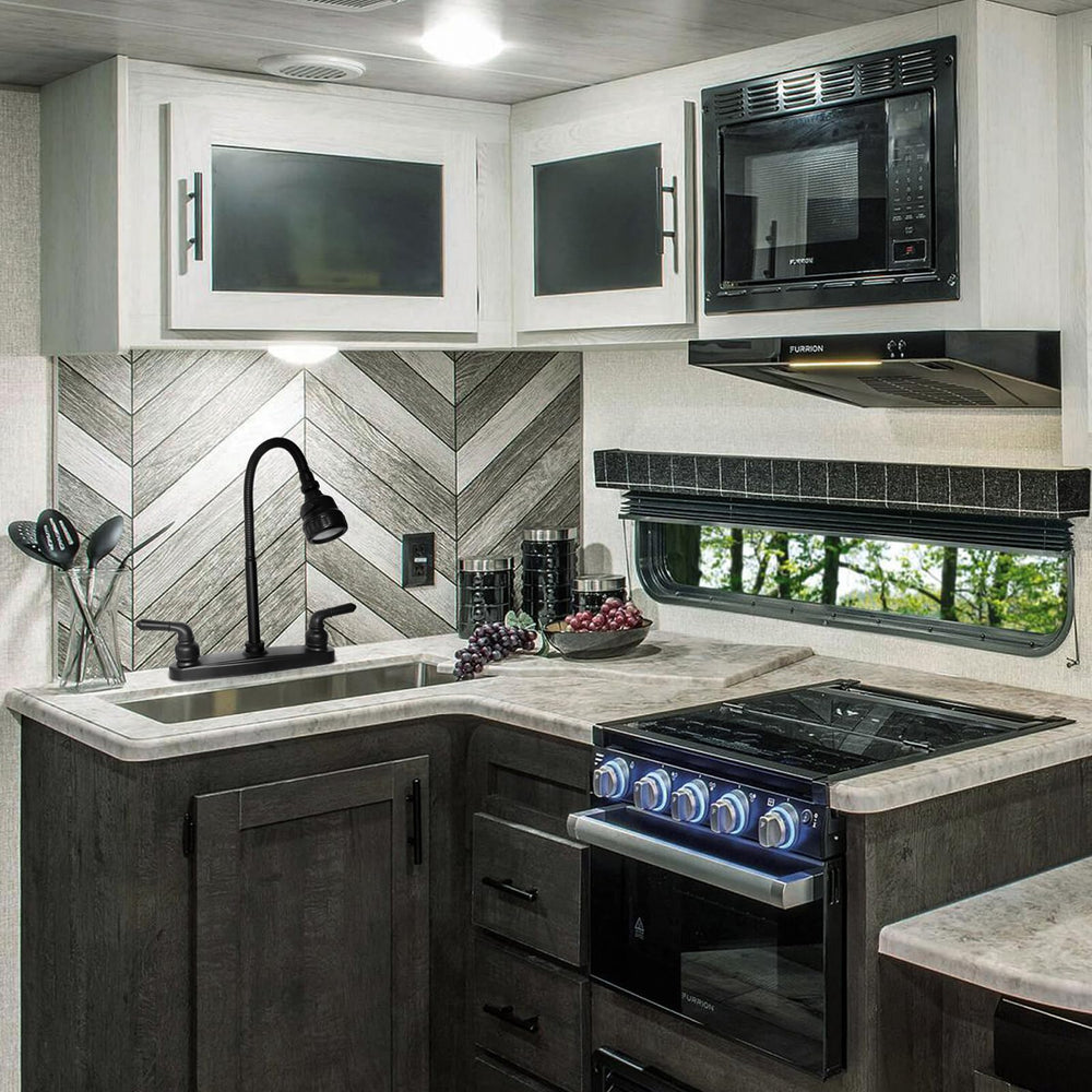EXCELFU black finish RV faucet blends with most interiors and hides fingerprints.