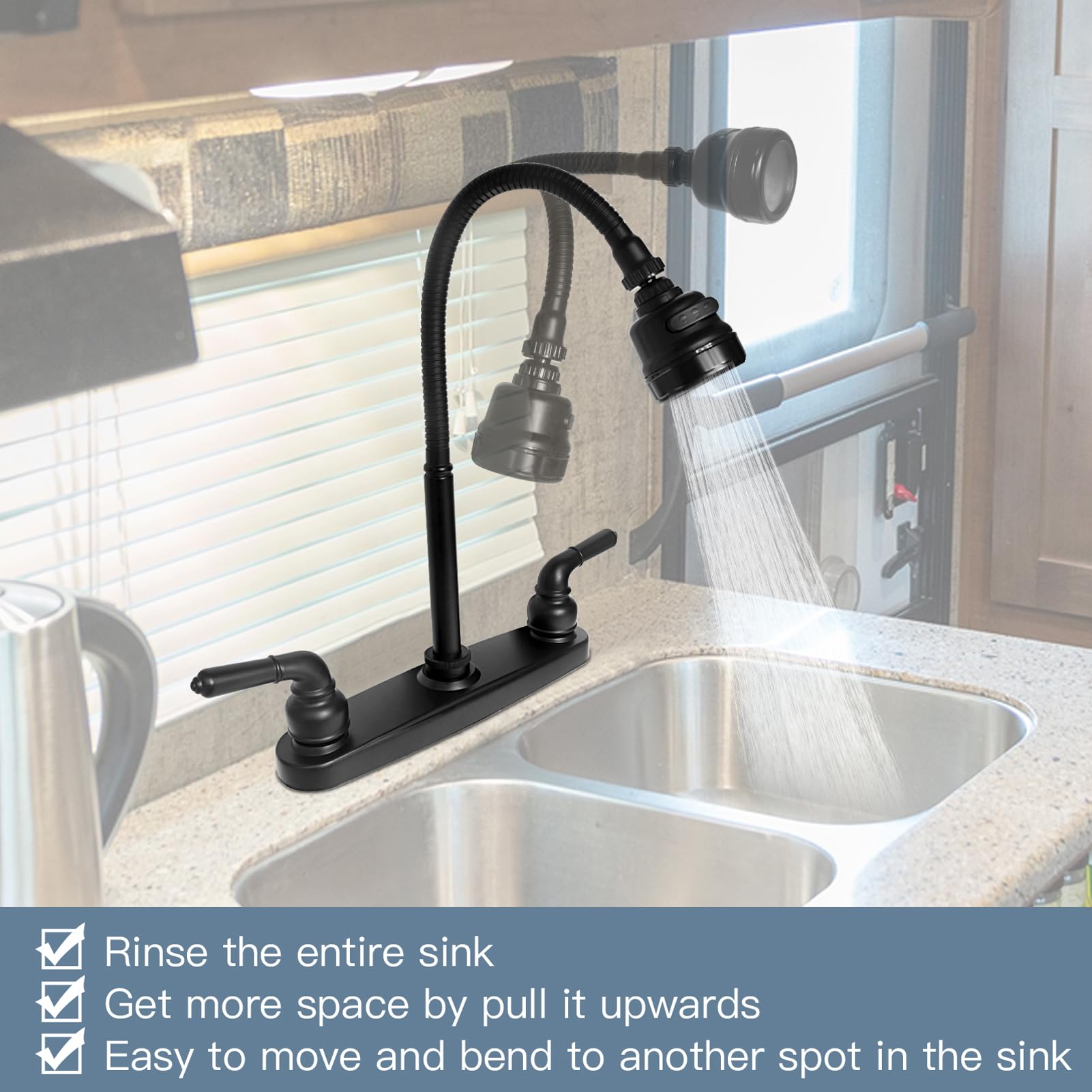 EXCELFU RV faucet with flexible arch helps target spots and reduce spillover.