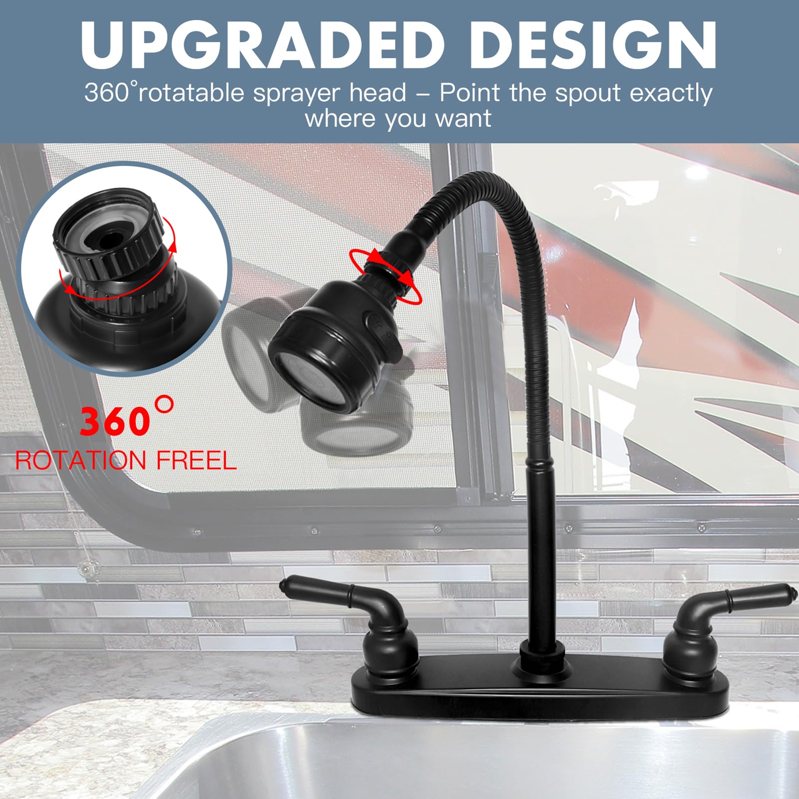 EXCELFU RV kitchen faucet with two handles for precise temperature control.