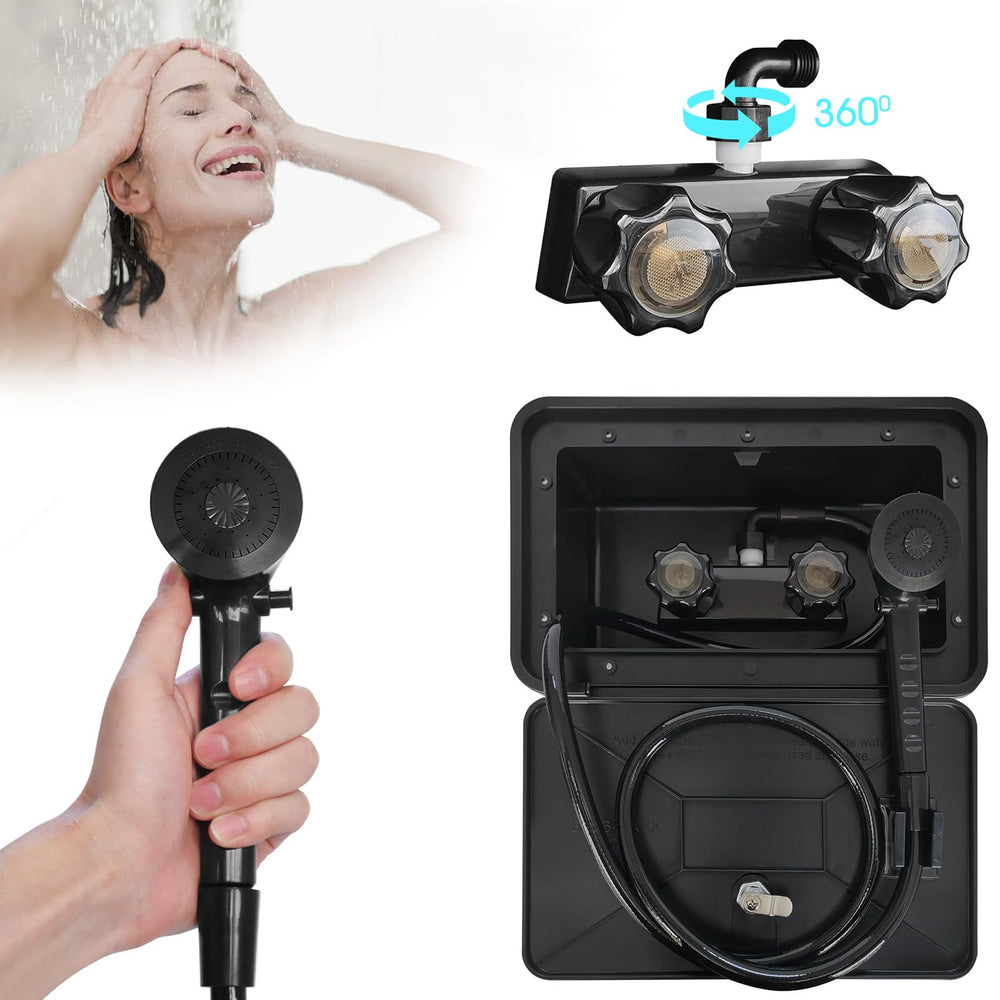 EXCELFU spray head delivering aerated water for quick outdoor showers.