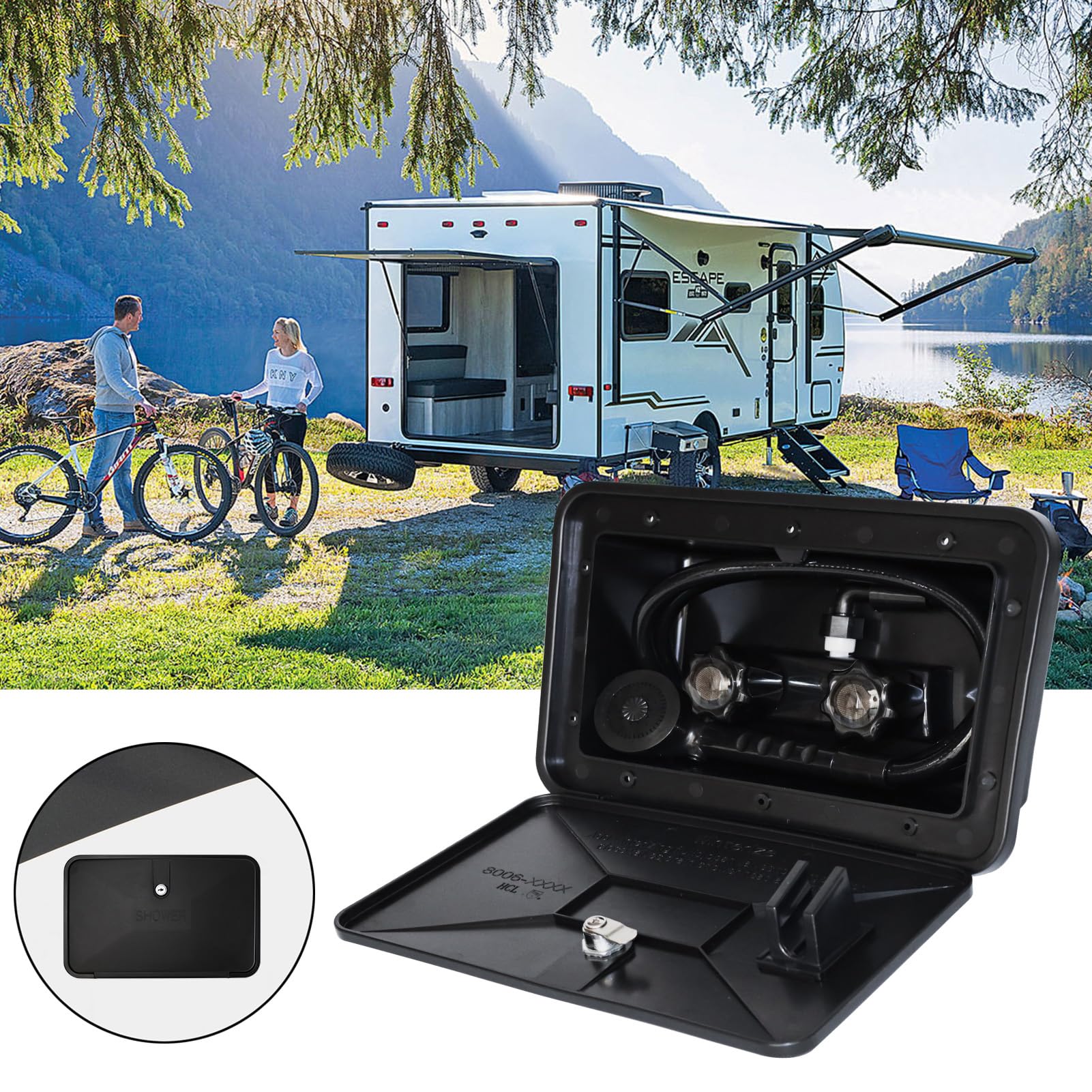 EXCELFU outdoor shower key secures the unit at campsites.