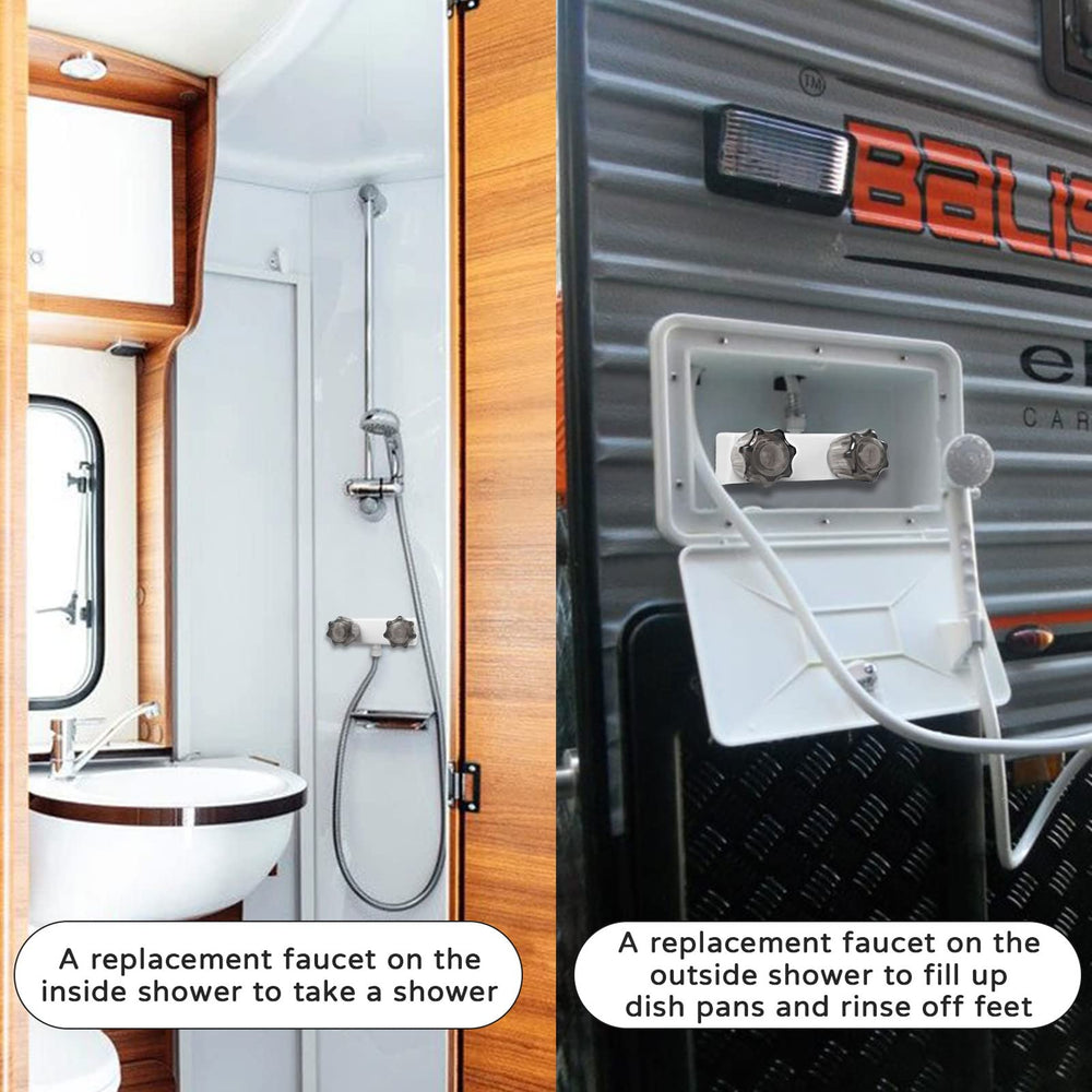 EXCELFU RV shower faucet dual-knobs closeup, precise temperature control.