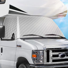 EXCELFU RV windshield cover front view blocks heat and fits Class C Ford E450 RVs securely.